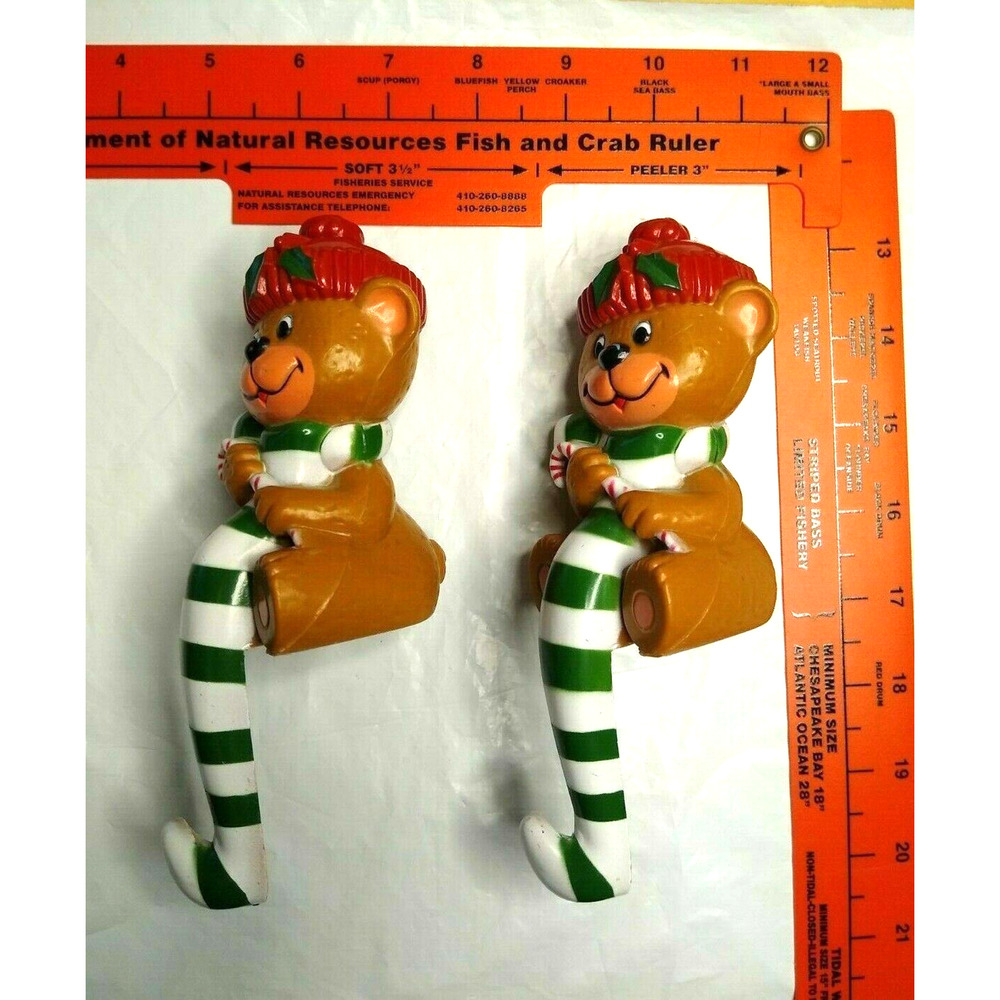 Vintage Plastic Christmas Mantle Sitting Bears (2) Candy Cane Stockings Hooks